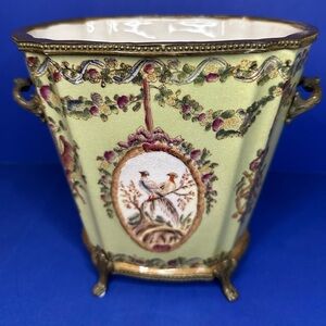 Antique Green Porcelain Brass Footed Cache Pot Jardiniere Pheasant Birds 1920
